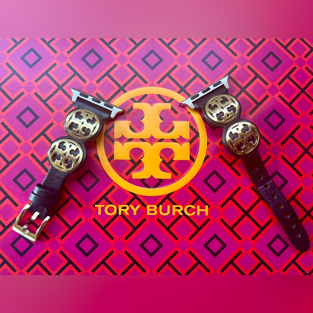 Tory Burch Black Leather Watch Band with Gold Accents